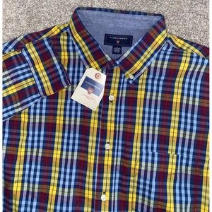 Saddlebred Check Plaid Flannel Button Down Blue/Red/Yellow Mens Large Preppy Dad